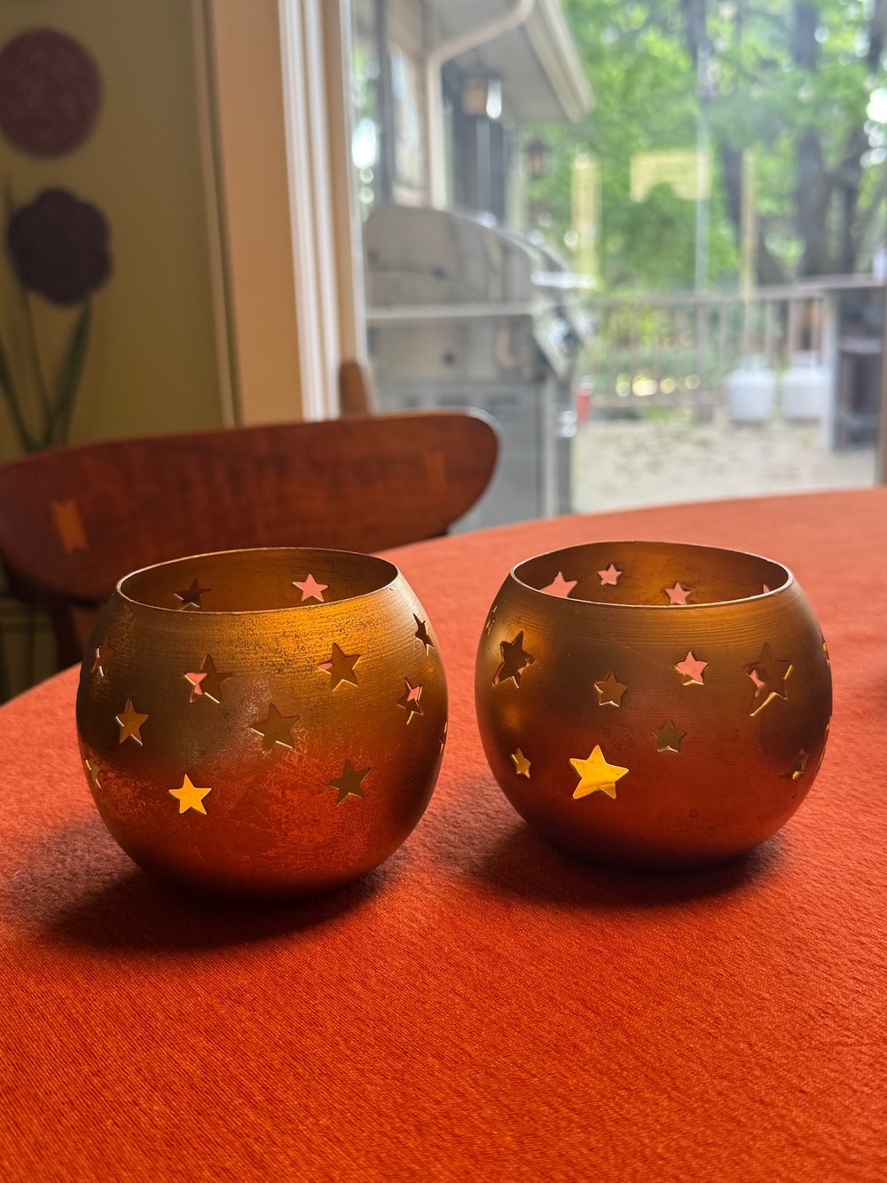 Vintage Gold Celestial Star Tea Light Candle Holder Pair Mismatched Metal